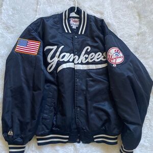 MAJESTIC Vintage Men's NY Yankees Jacket XL Blue Snap Button Spell-Out Stitched